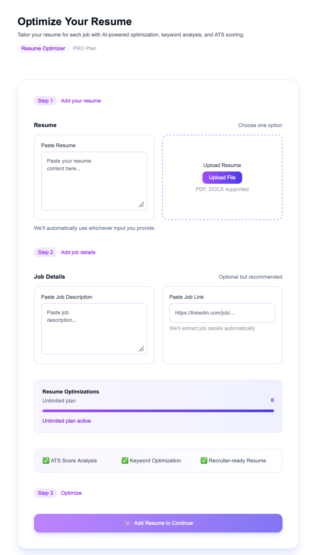 AI resume optimizer tool showing ATS score checker and keyword analysis dashboard